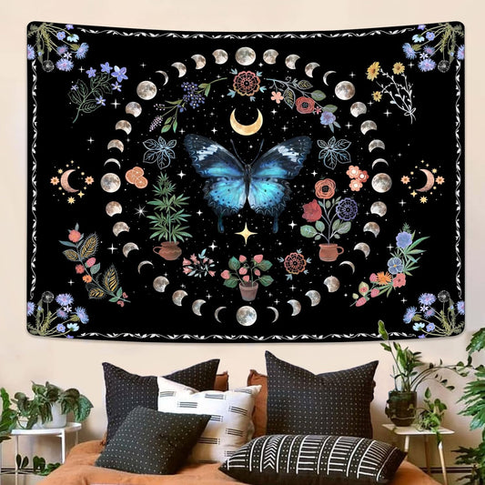 Fowocu Blue Butterfly Moon Flower Tapestry Boho Floral Plant Tapestries for Bedroom Aesthetic