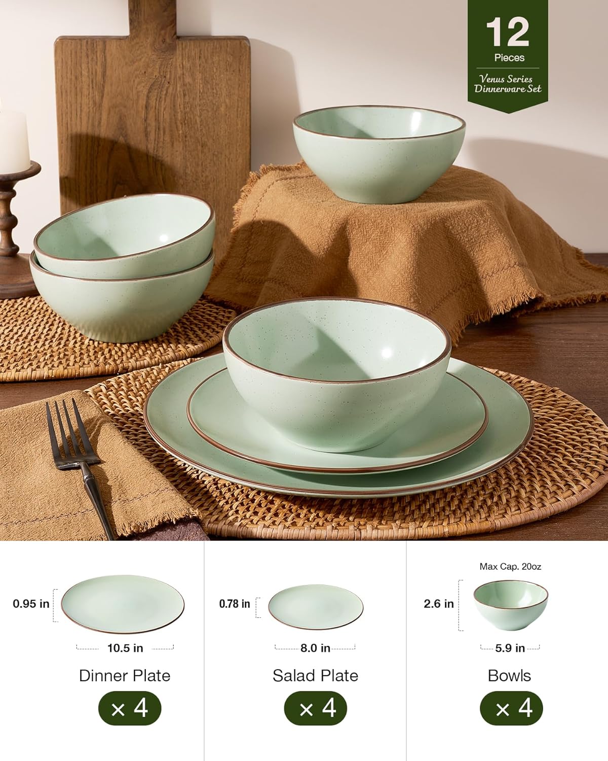 Famiware Venus Plates and Bowls Sets, 12 Pieces Stoneware Speckled Dinnerware Sets, Dishes Set for