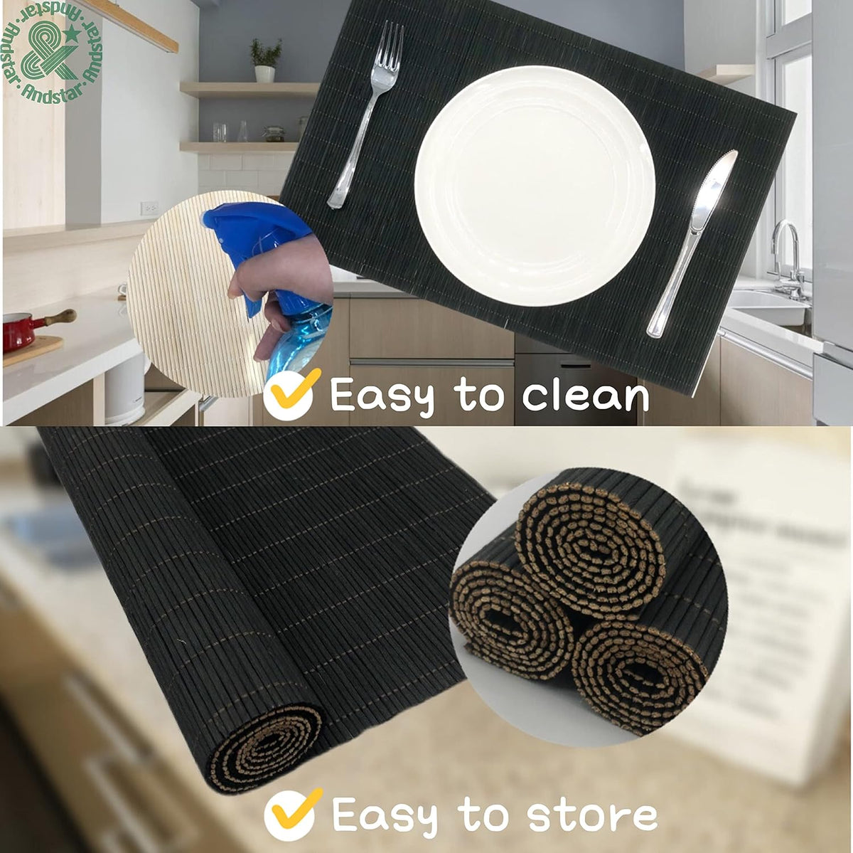ANDSTAR Set of 8 Pcs Bamboo Placemats Sushi Rolling Mat Japanese Style Natural Anti-Slip Bamboo
