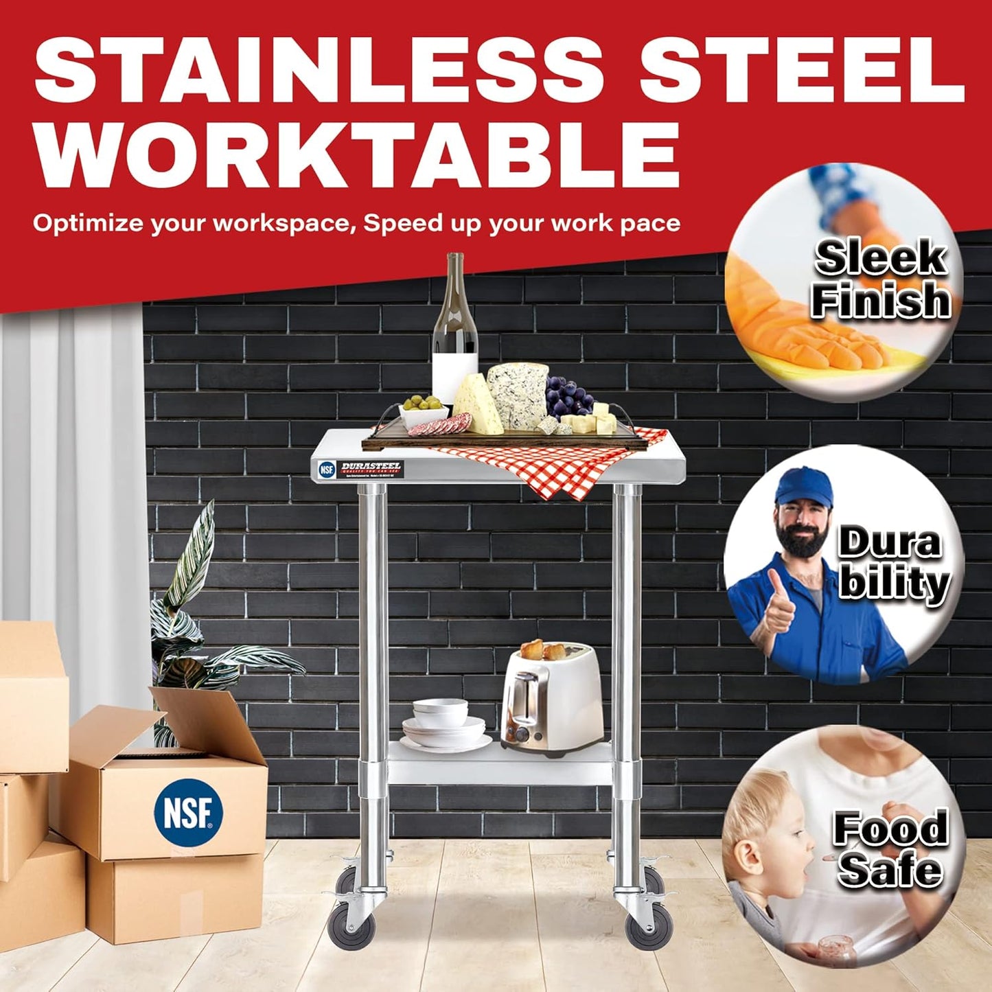 DuraSteel 24x12 NSF Stainless Steel Cart - Heavy Duty Rolling Food Prep Table with Undershelf