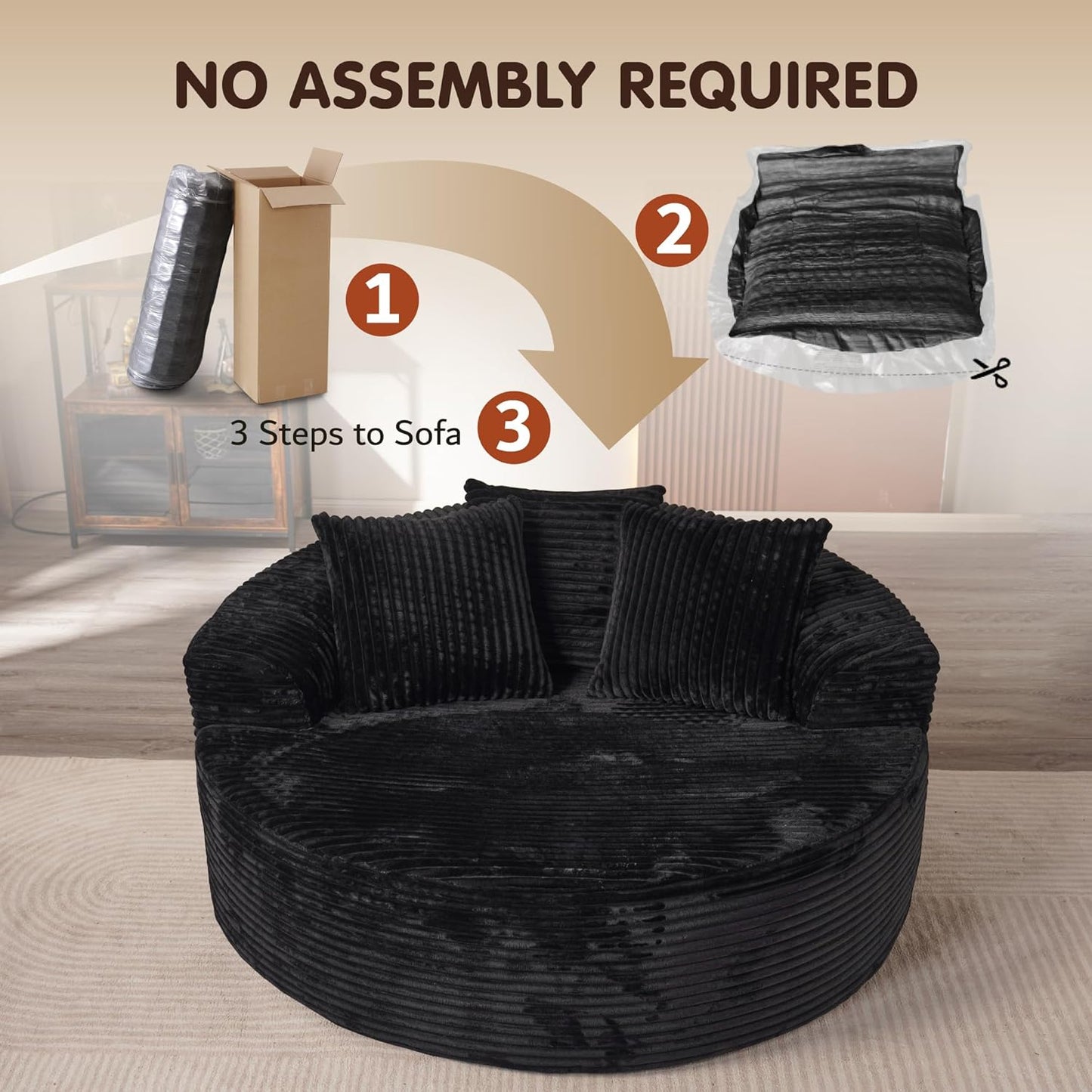 ovios 58" Oversized Round Chair Lounge Chaise Indoor, No Assembly Required, Cloud Large Circle