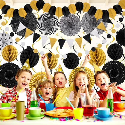 Black Gold Party Decorations, New Years Eve Party Supplies Easy Assembly Paper Fan Honeycomb Ball