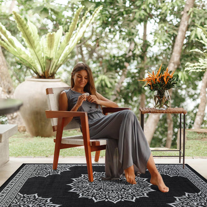 CAMILSON Outdoor Rug, 8x10 Medallion Black White Modern Area Rugs for Indoor and Outdoor Patios