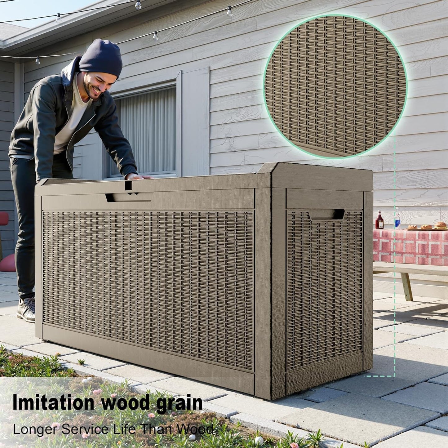 DRATO 60 Gallon Deck Box, Waterproof Resin Large Outdoor Storgae Box for Patio Furniture, Patio