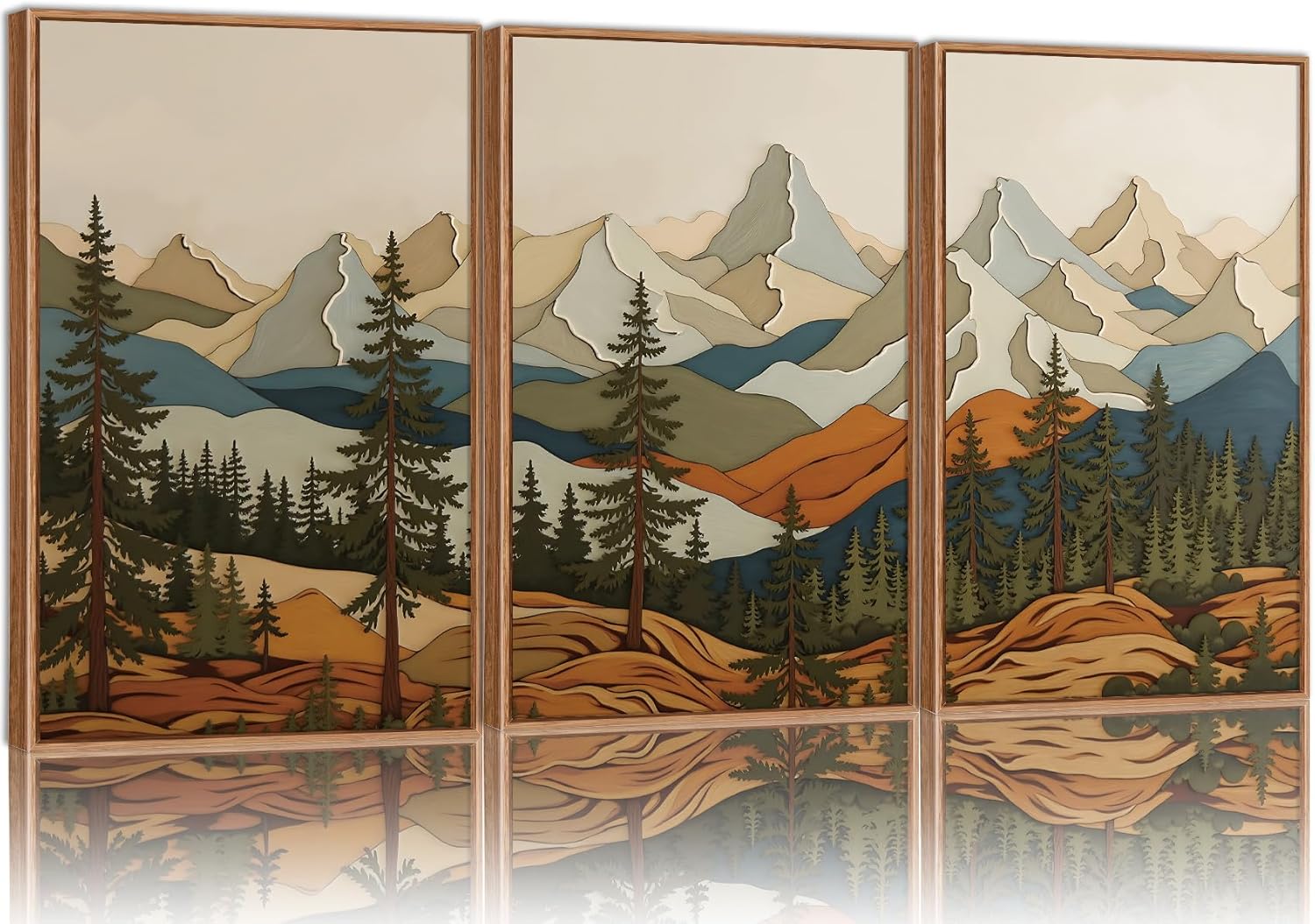 SIGNINART Vintage Mountains Framed Canvas Wall Art, Wooden Forest Wall Decor, Green Wood Pine Trees