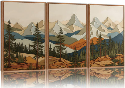 SIGNINART Vintage Mountains Framed Canvas Wall Art, Wooden Forest Wall Decor, Green Wood Pine Trees