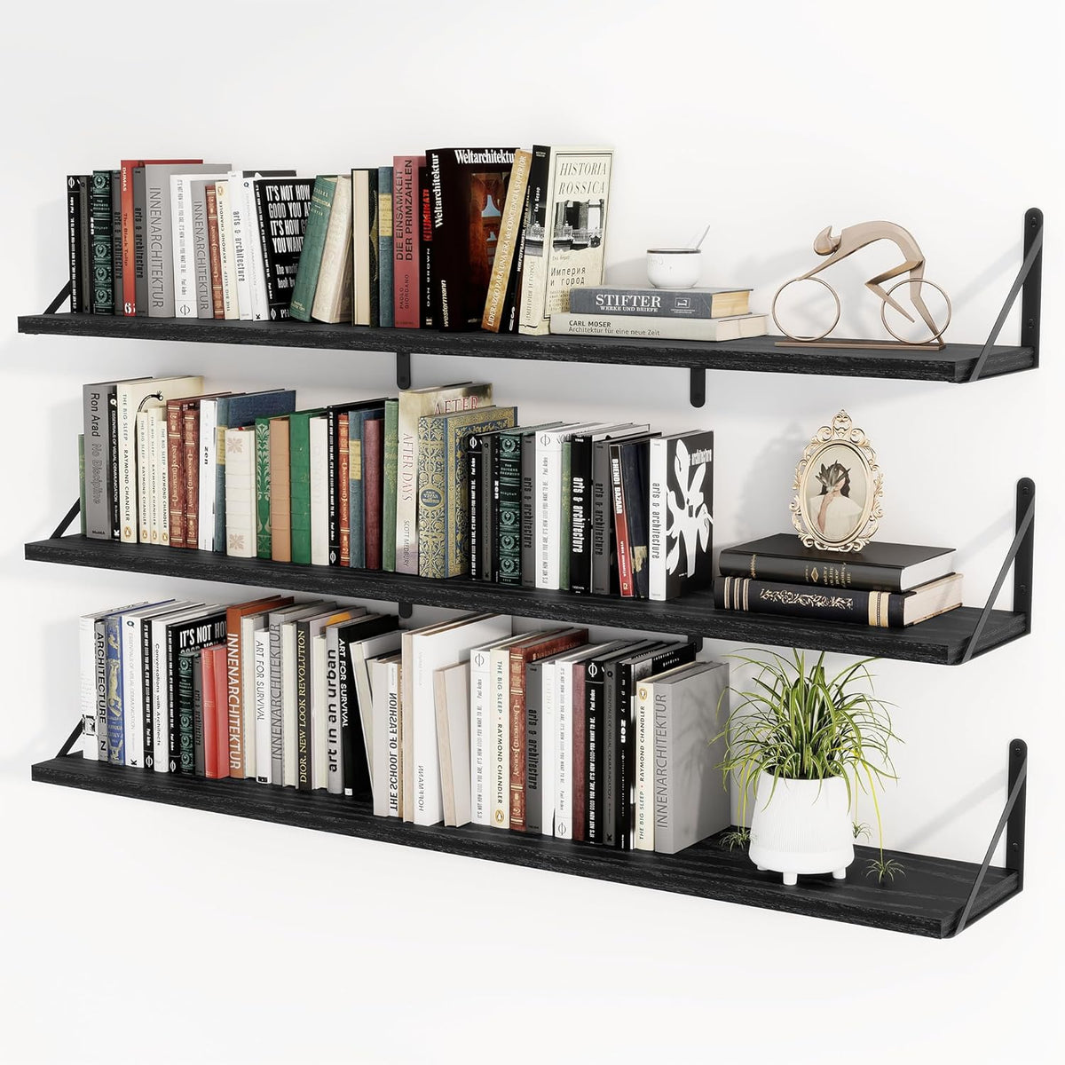 Heimlove 48 Inch Large Floating Bookshelves Set of 3,Black Wall Mounted Bookshelves,Heavy Duty