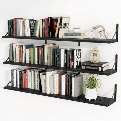 Heimlove 48 Inch Large Floating Bookshelves Set of 3,Black Wall Mounted Bookshelves,Heavy Duty