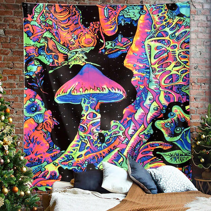 ADDWel Blacklight Mushroom Tapestry, Upright Tapestry Glow In The Dark, UV Reactive Black Light