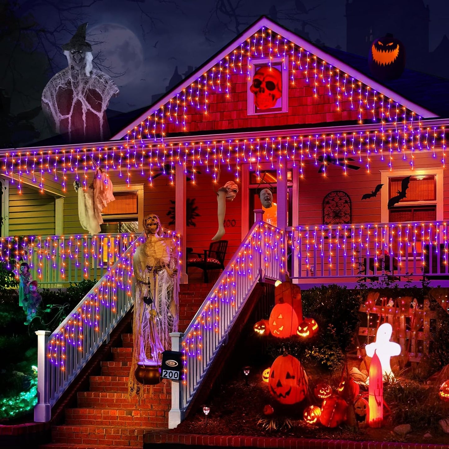 KNONEW Orange Purple Halloween Lights 33FT 400 LED String Lights Outdoor with 75 Drops, 8 Lighting