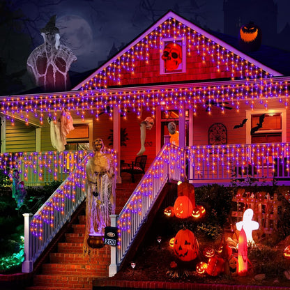 KNONEW Orange Purple Halloween Lights 33FT 400 LED String Lights Outdoor with 75 Drops, 8 Lighting