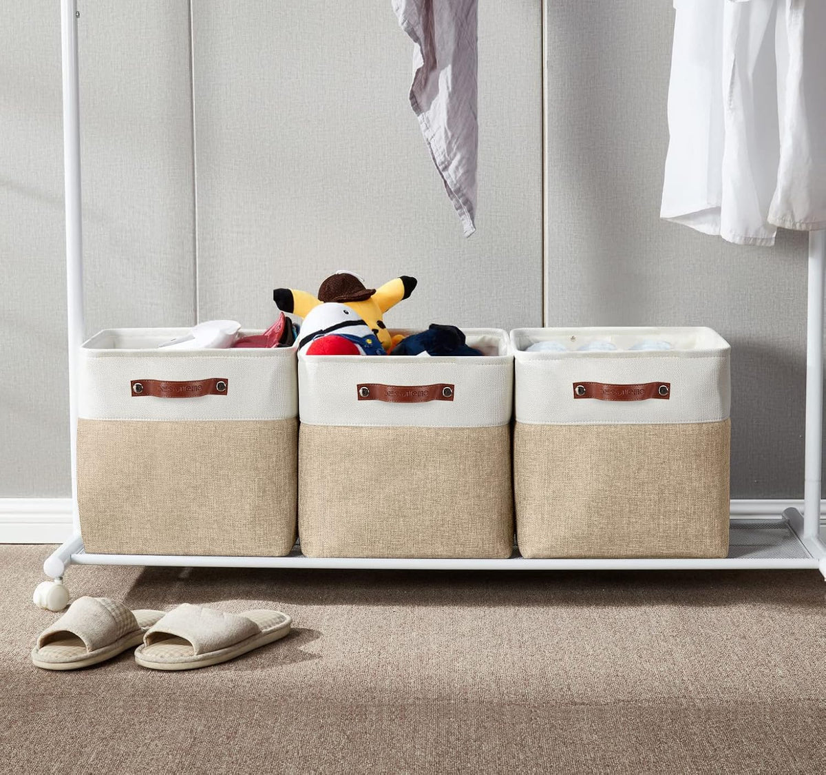 DECOMOMO 13 Inch Cube Storage Bins, Fabric Storage Cube, Basket for Kallax Shelves (Beige & White