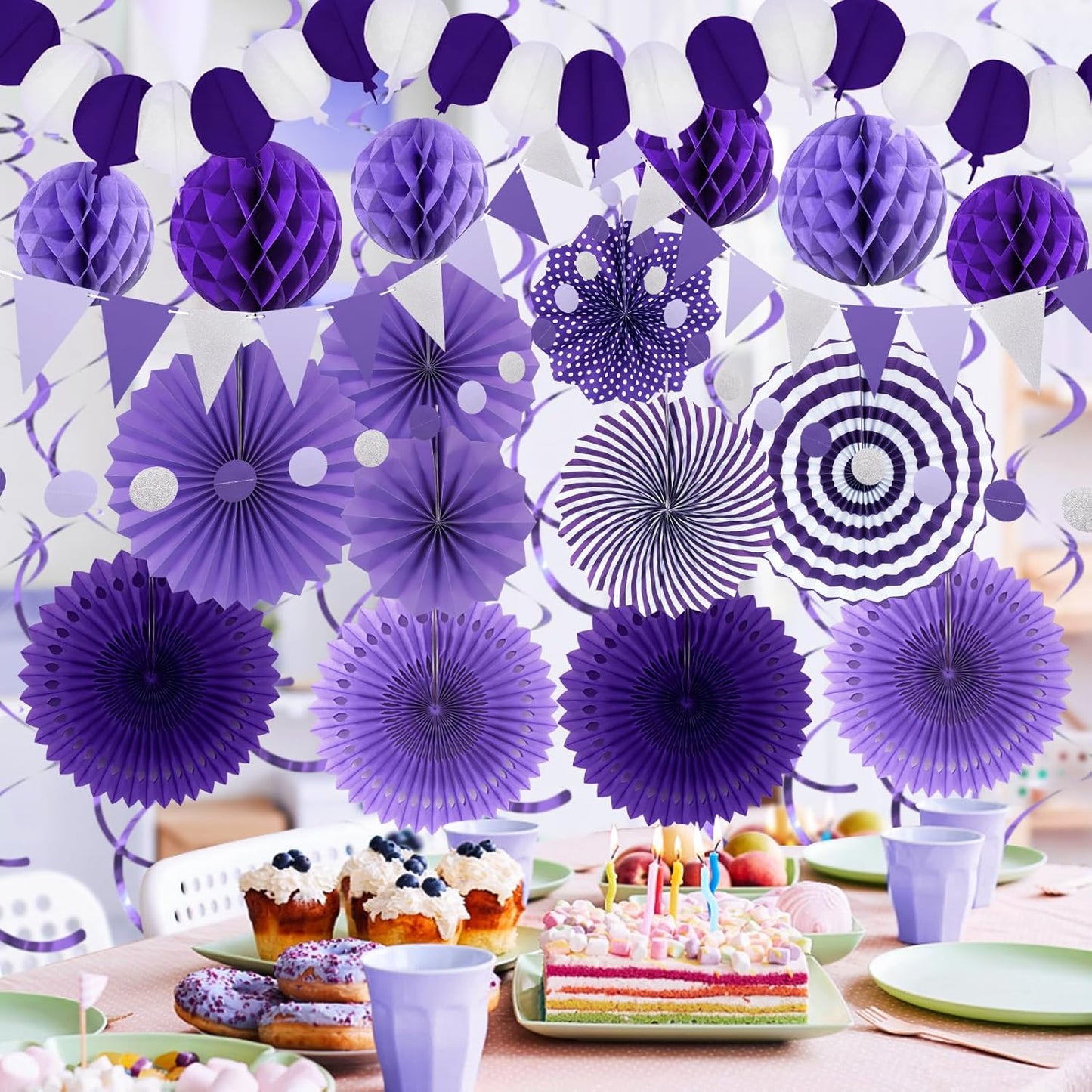 Purple Party Decorations, Birthday Party Supplies Easy Assembly Paper Fan Honeycomb Ball Garland
