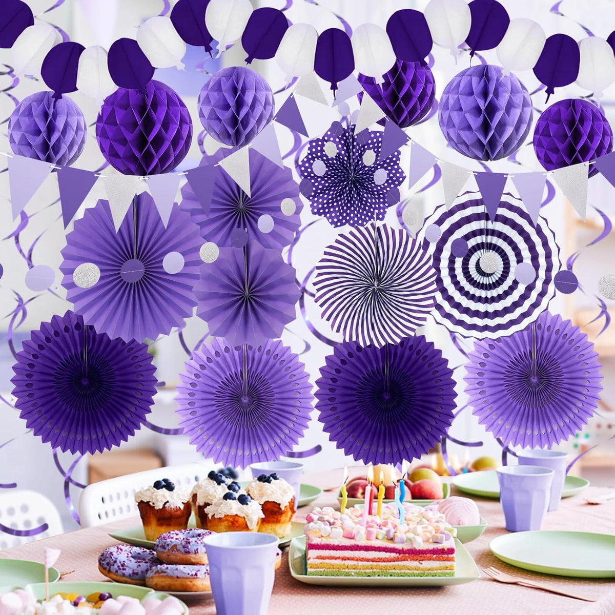 Purple Party Decorations, Birthday Party Supplies Easy Assembly Paper Fan Honeycomb Ball Garland