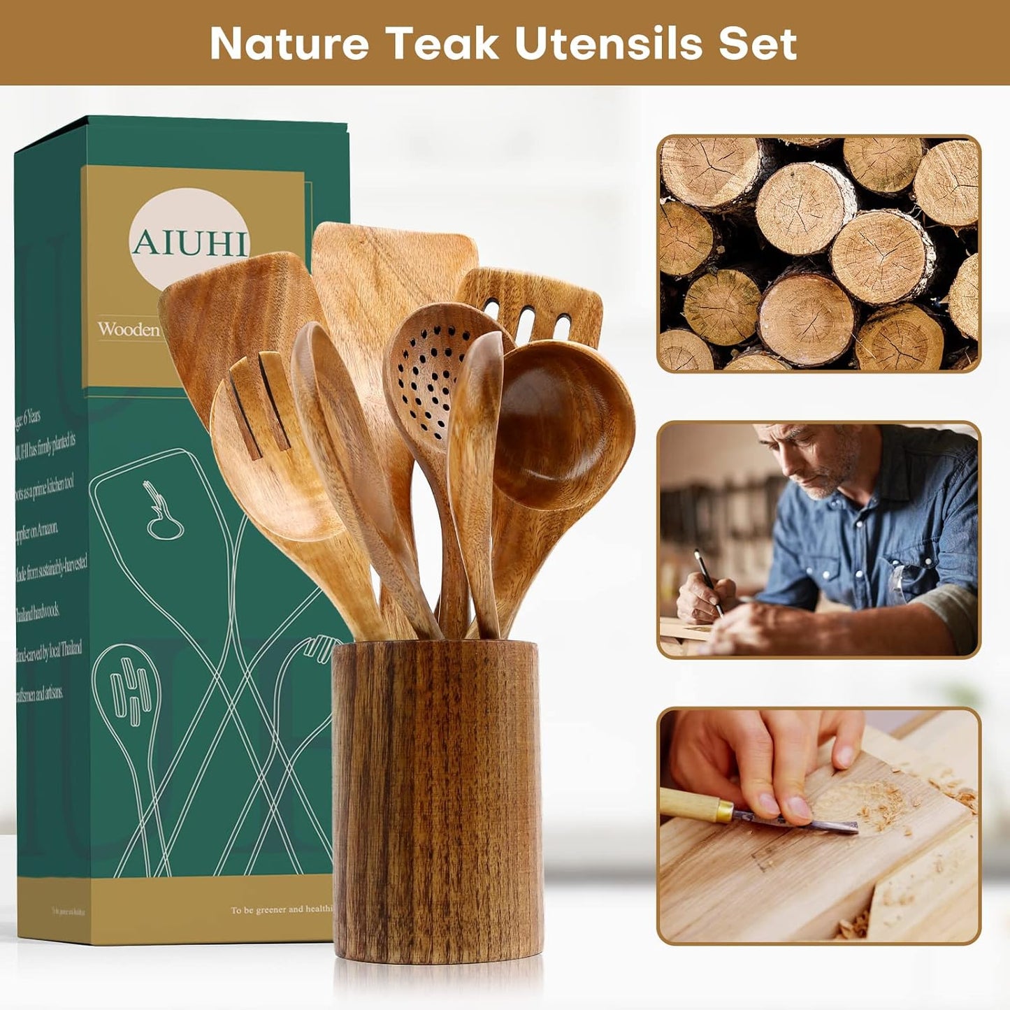AIUHI Wood Spoons for Cooking, Nonstick Kitchen Utensil Set, Wooden Spoons Cooking Utensil Set Non