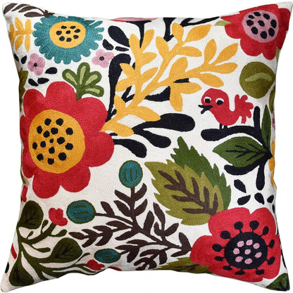 Red Polish Floral Pillow Cover Bird Flower Pillowcase Floral Outdoor Suzani Cushions Flowery Throw