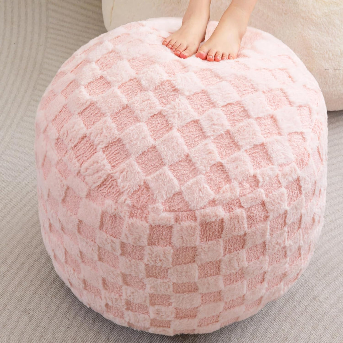 HIGOGOGO Round Stuffed Pouf Ottoman, Plaid Poufs with Foam Chunk Filling, Fluffy and Furry Pouf