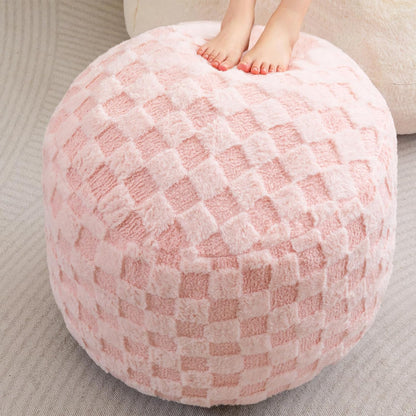 HIGOGOGO Round Stuffed Pouf Ottoman, Plaid Poufs with Foam Chunk Filling, Fluffy and Furry Pouf