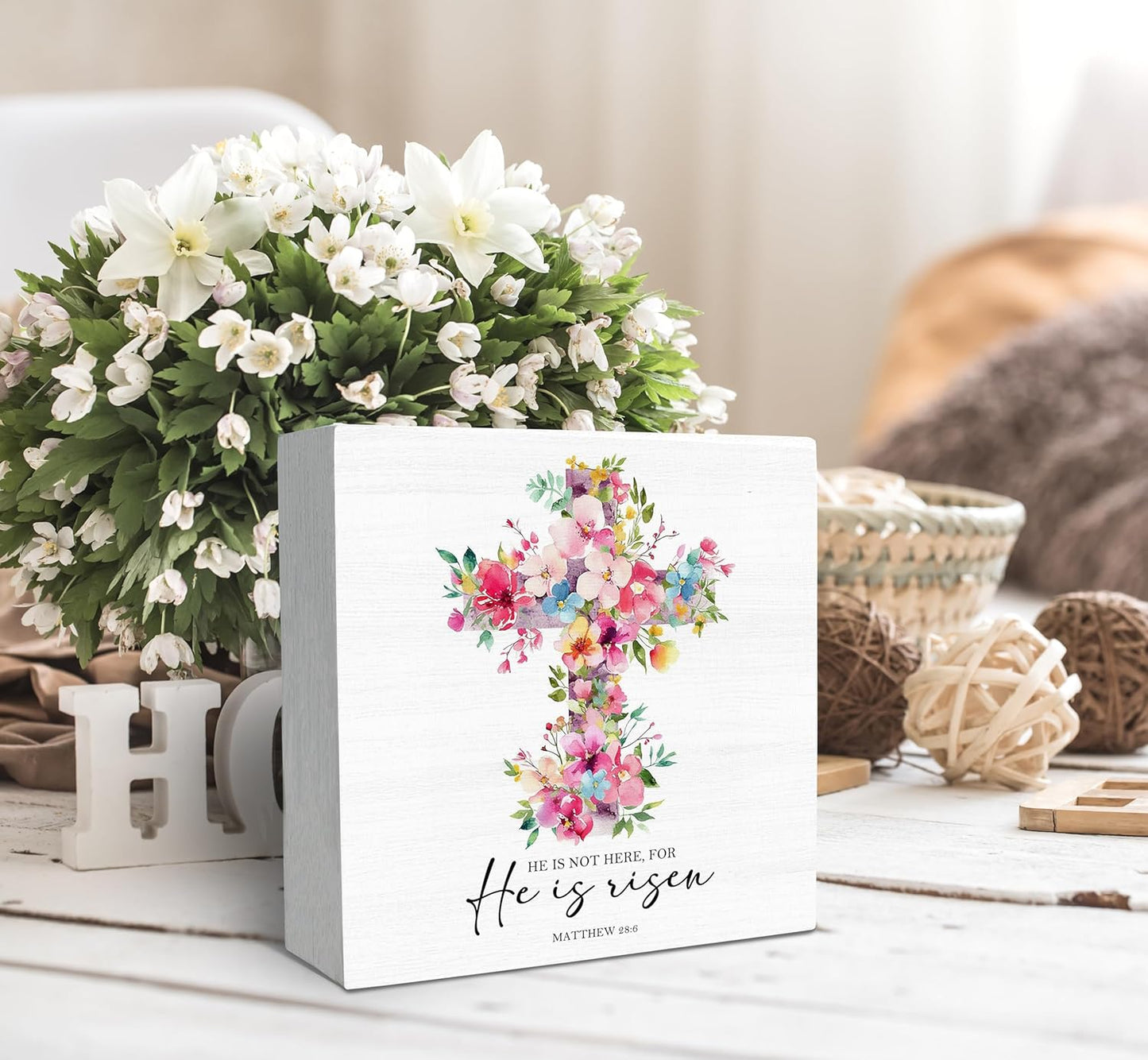 SRADMO He Is Risen Sign, Floral Cross Easter Christian Wood Box Sign Desk Decor, Christian Easter