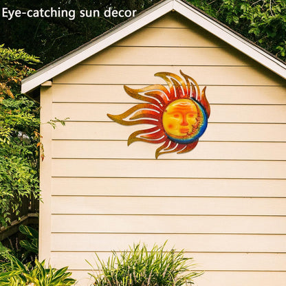 Tuokiuhn Large Sun Metal Outdoor Wall Art Decor Metal Sun Moon Wall Decor Outdoor Art Hanging