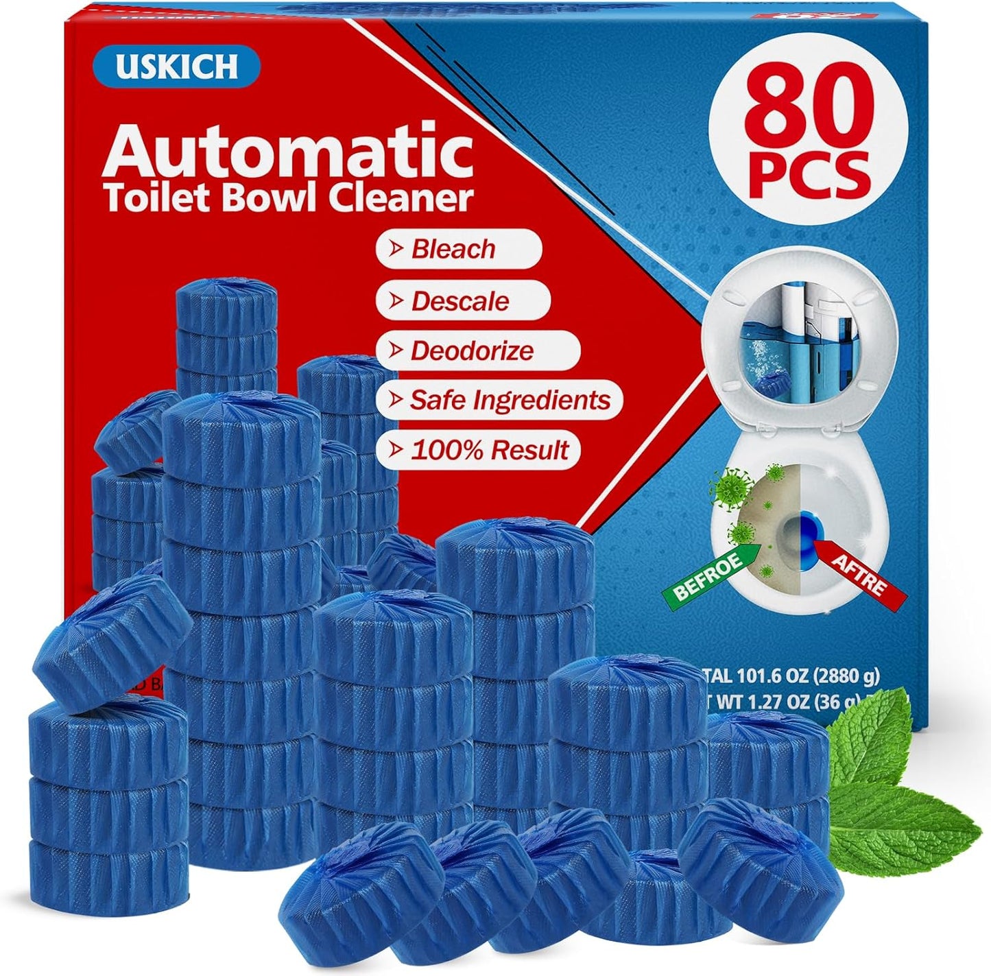 USKICH Toilet Bowl Cleaner Tablets 80 PACK, Bathroom Automatic Toilet Tank Blue Cleaners with