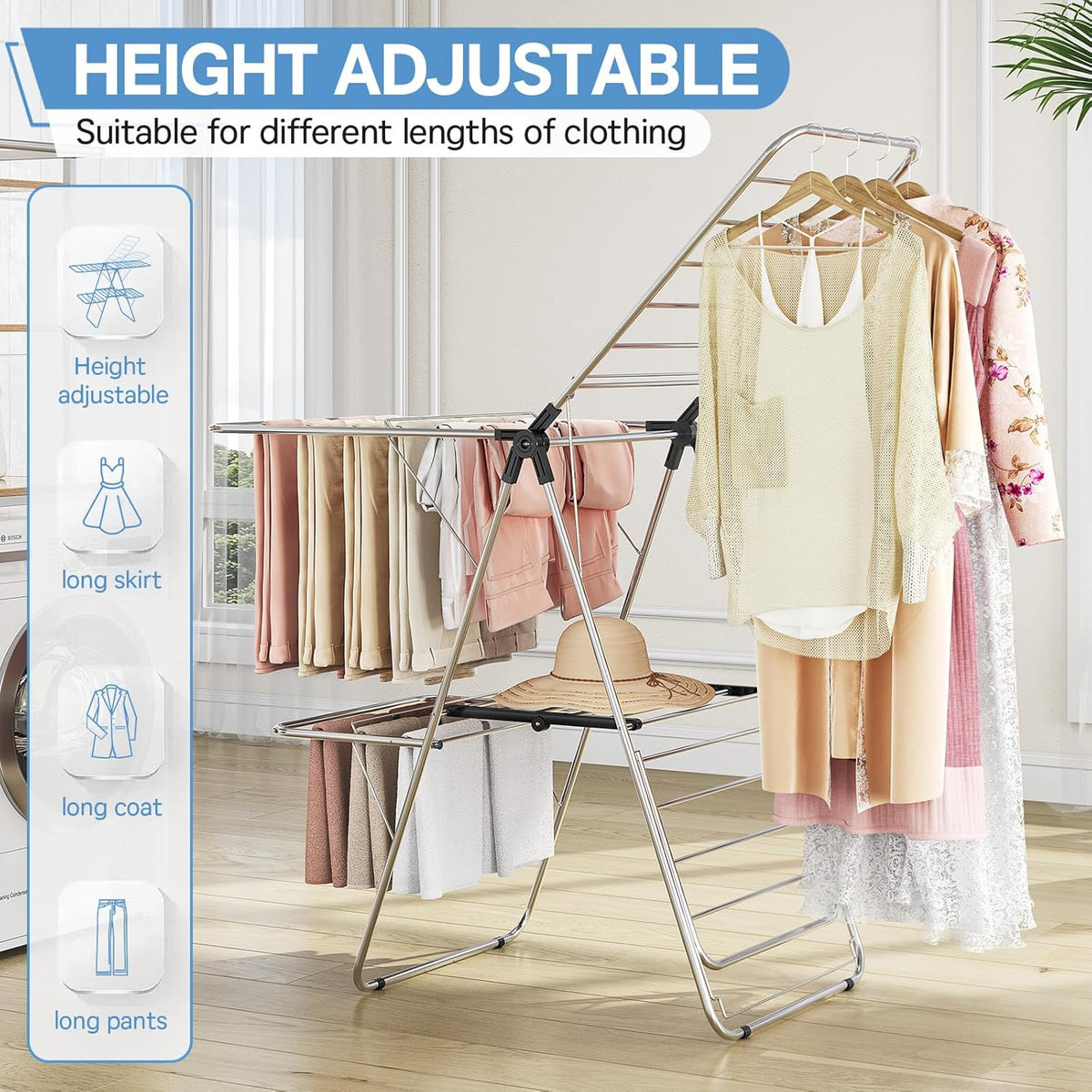 APEXCHASER Clothes Drying Rack with 4 Wings, Drying Rack Clothing with Height-Adjustable, Foldable