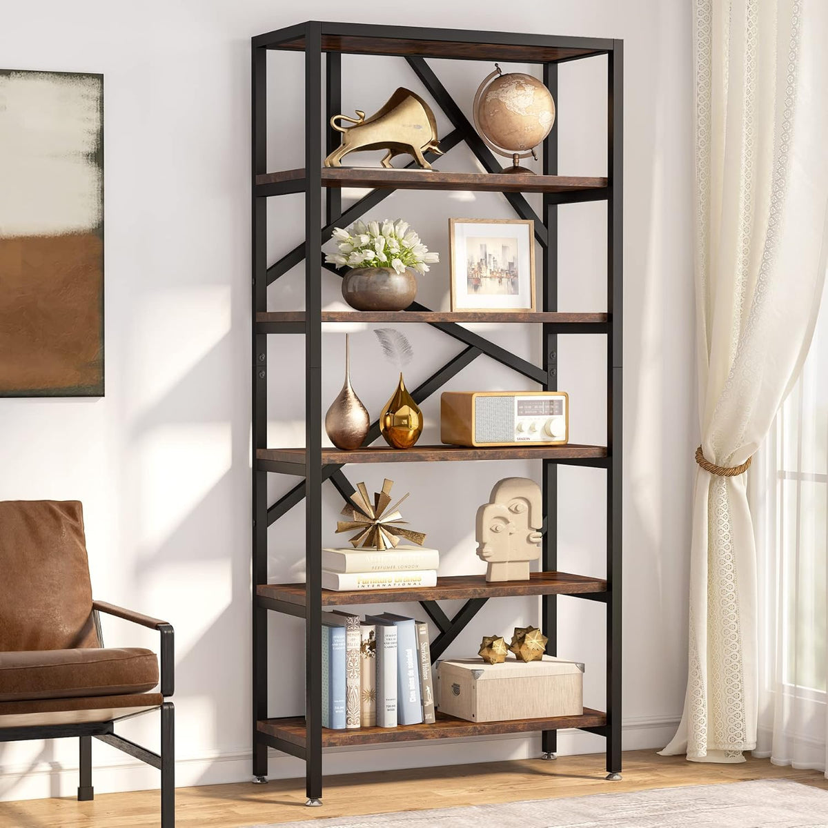 Tribesigns 71 Inch Industrial Bookshelf, 6 Shelf Etagere Bookcase, Free Standing Open Book Shelves