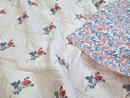 Twin Size Rose Pink Cotton Throw Blanket – 60x90 Hand Block Printed Lightweight Quilt – Soft