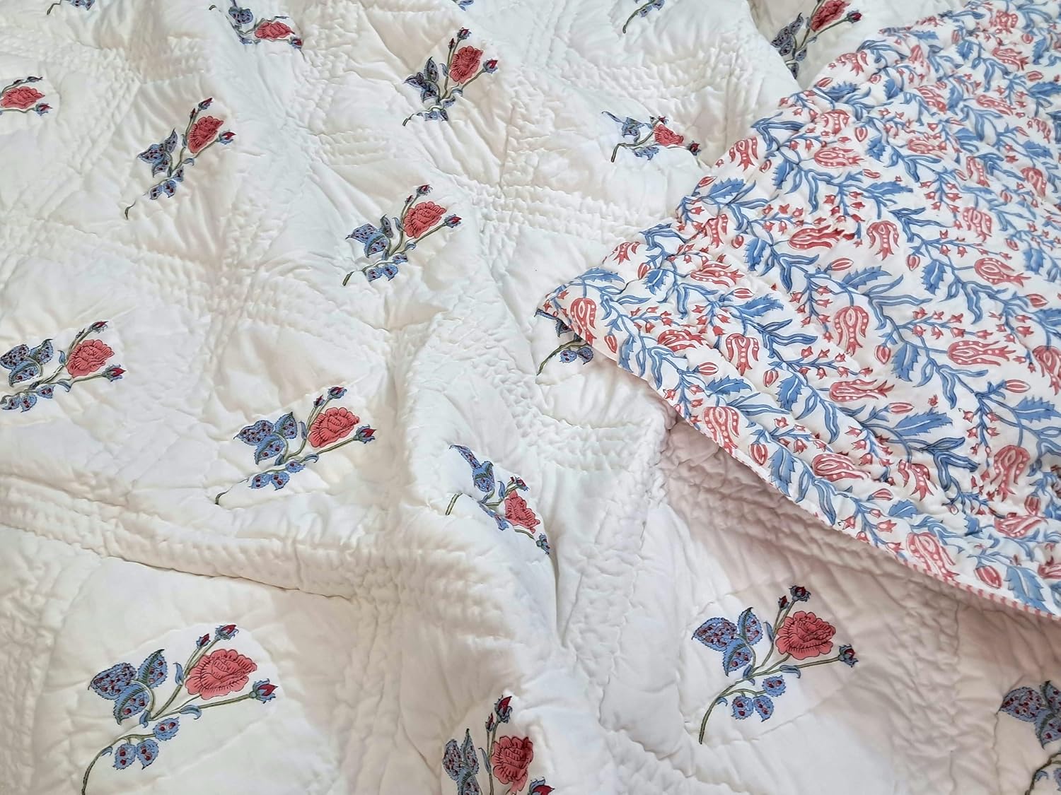 Queen Size Rose Pink Cotton Throw Blanket – Hand Block Printed 90x108 Bedspread – Lightweight Soft