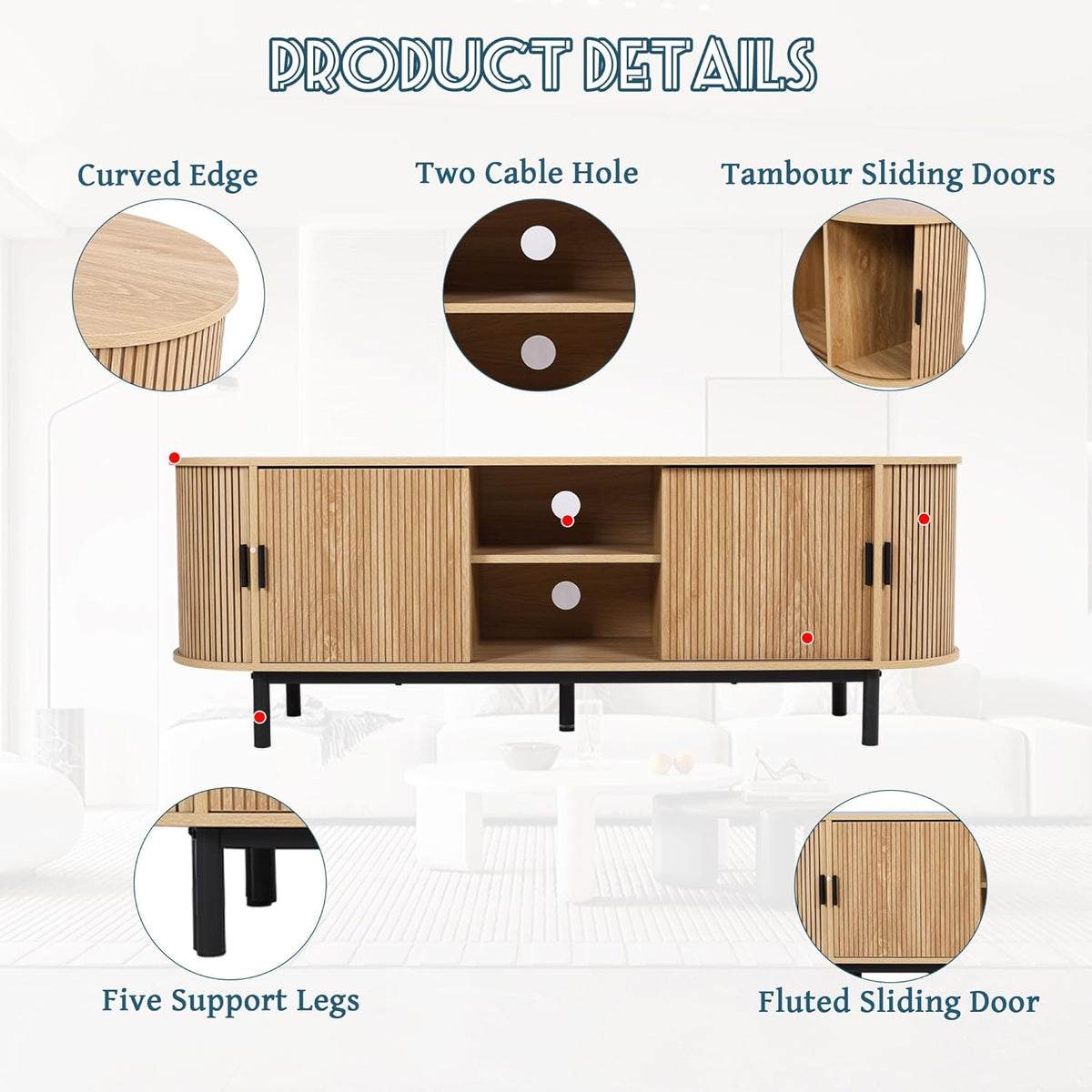 62" Tambour Door TV Stand,Wood Mid Century Modern TV Cabinet for Up to 75“ TV,Curved Edge Long TV