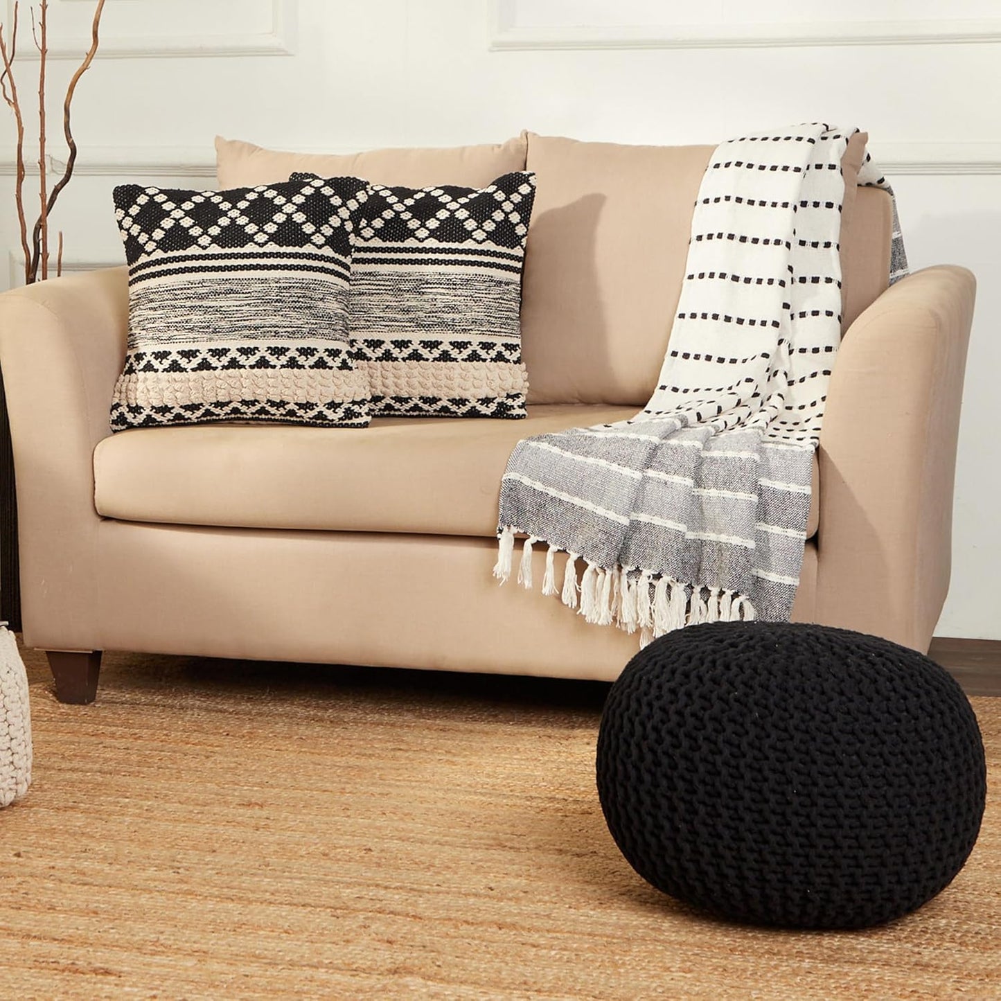 REDEARTH Round Pouf Foot Stool Ottoman - Hand Knitted Bean Bag - Cord Boho Pouffe - Cable Poof