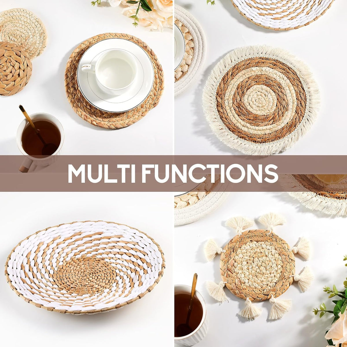 7 Pack Boho Wall Basket Decor - Seagrass Rattan Wicker Wall Decor Round Handmade Hanging Rustic