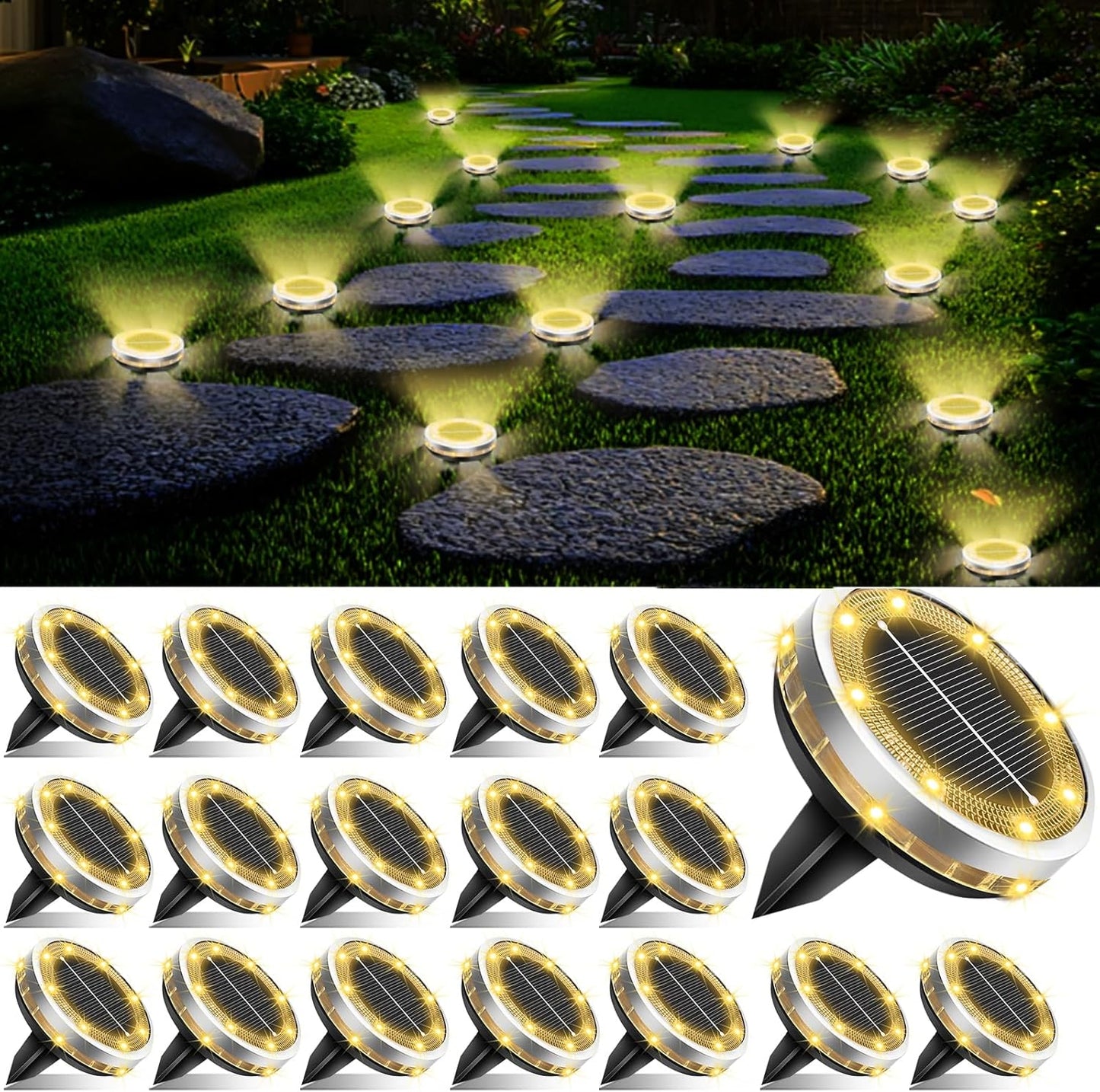 Solar Ground Lights Outdoor 18 Pack Waterproof, Upgraded Solar Garden Lights with 4 Side Light