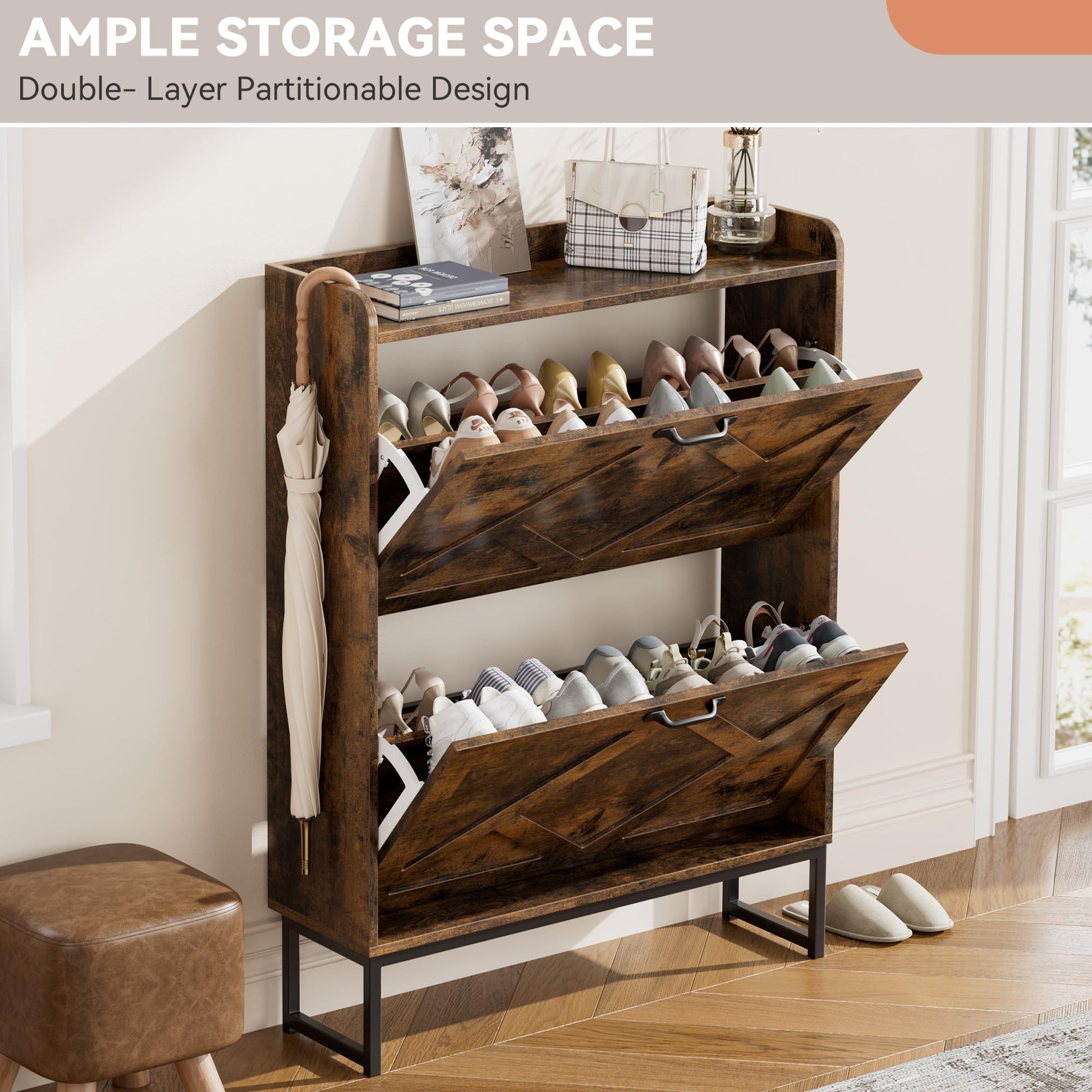 Nicetree Shoe Storage Cabinet with 2 Flip Drawers, Freestanding Wood Shoe Organizer with Metal