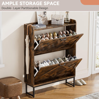Nicetree Shoe Storage Cabinet with 2 Flip Drawers, Freestanding Wood Shoe Organizer with Metal
