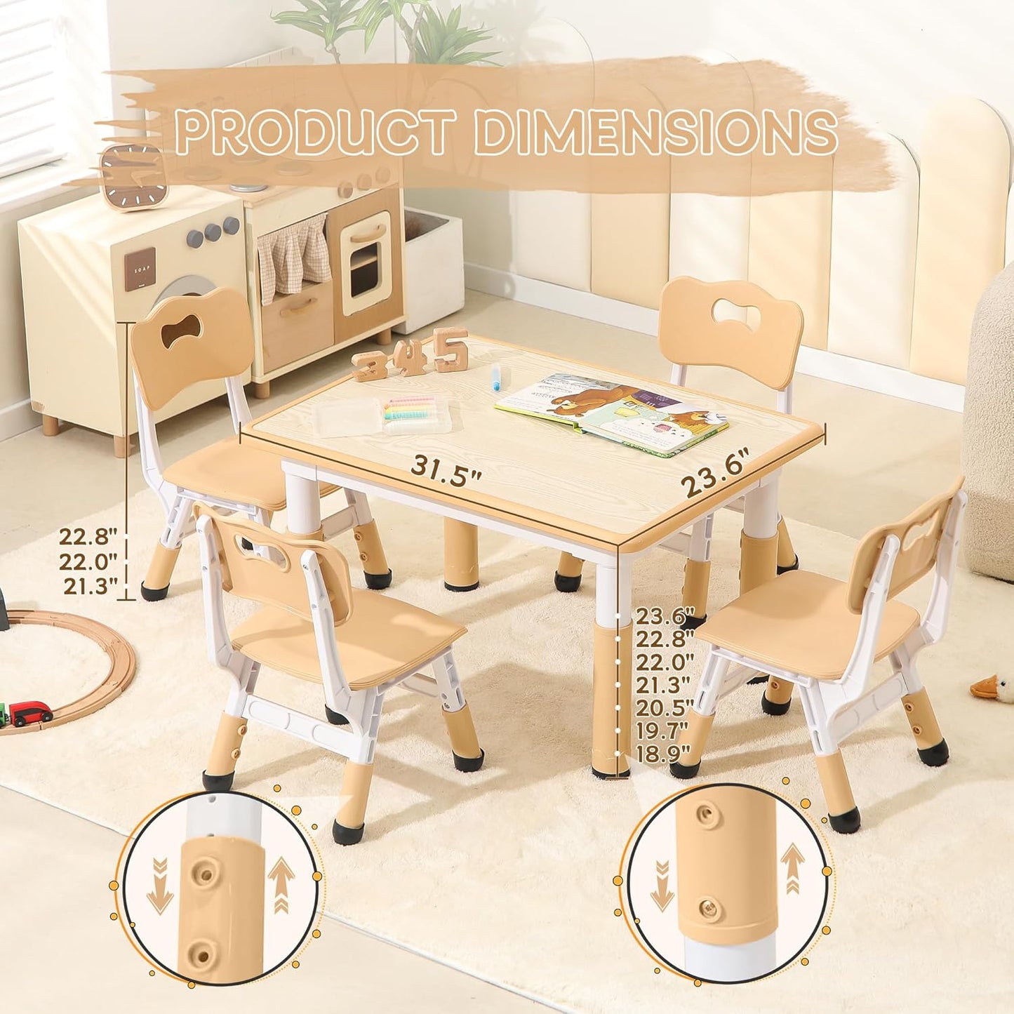 Height-Adjustable Kids Table and Chairs, 31.5''L x 23.6''W Toddler Table and 4 Chairs Set with