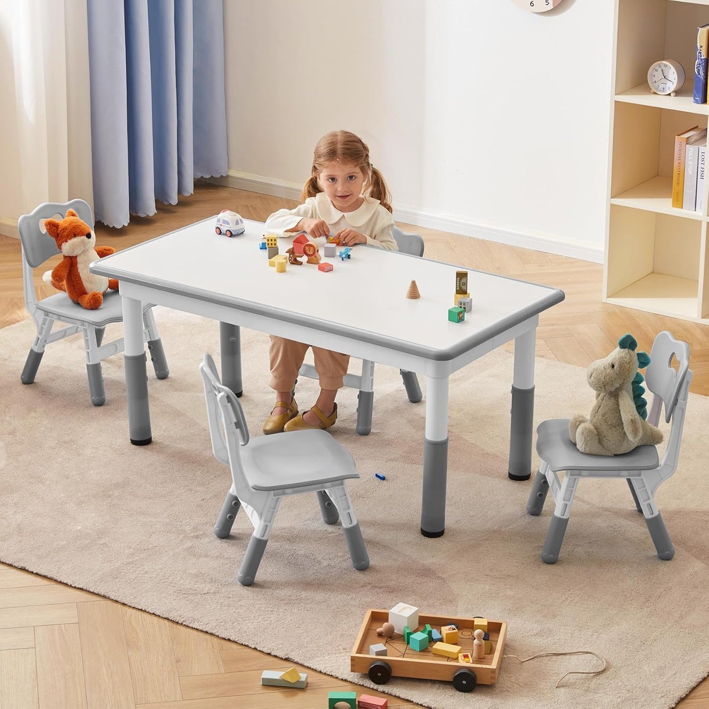 Kids Study Table and Chairs Set, Height Adjustable Toddler Table and Chair Set for Kids Ages 3-8