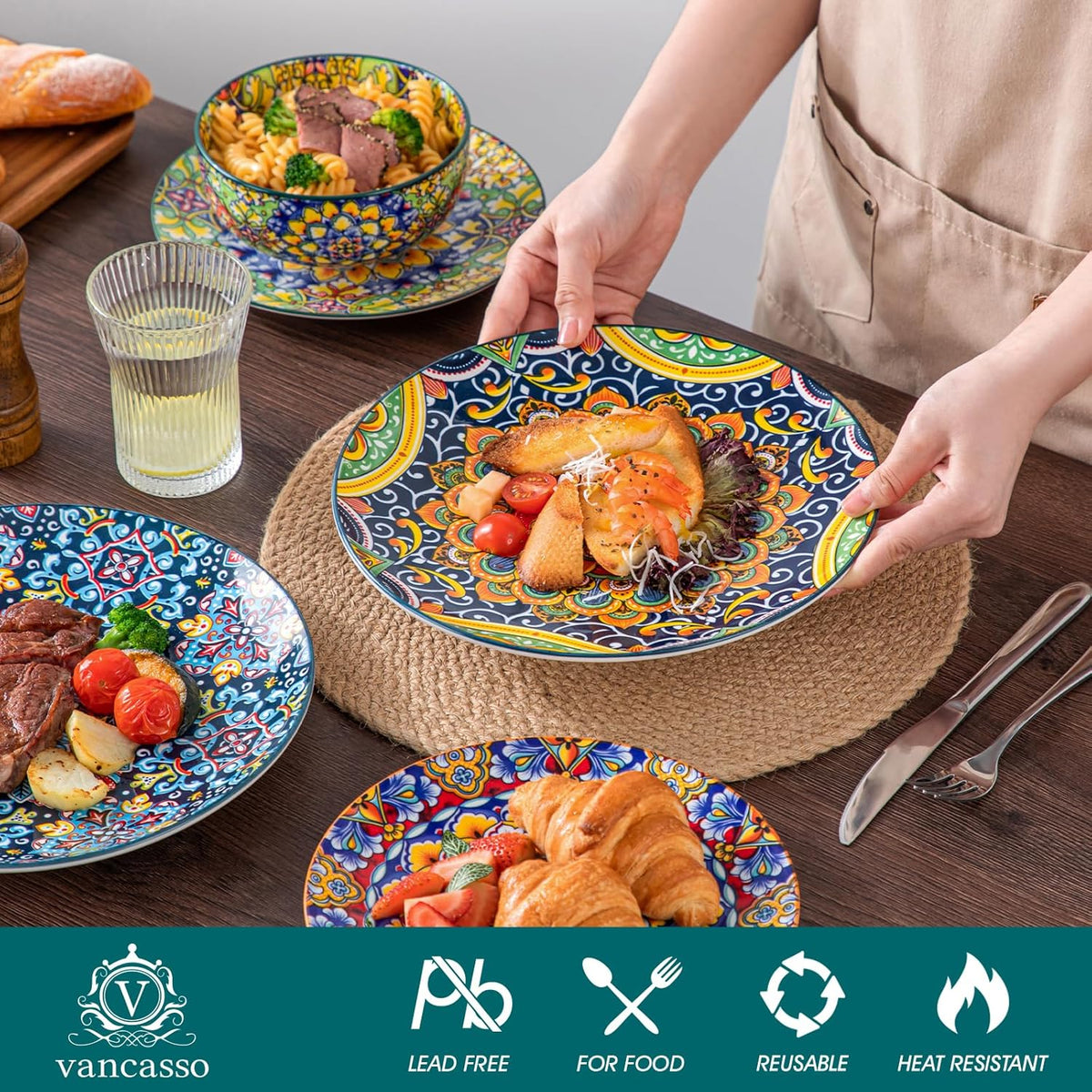 vancasso 12 Pieces Dinnerware Sets, Plates and Bowls Set, Porcelain Dishes Set for 4, Microwave and