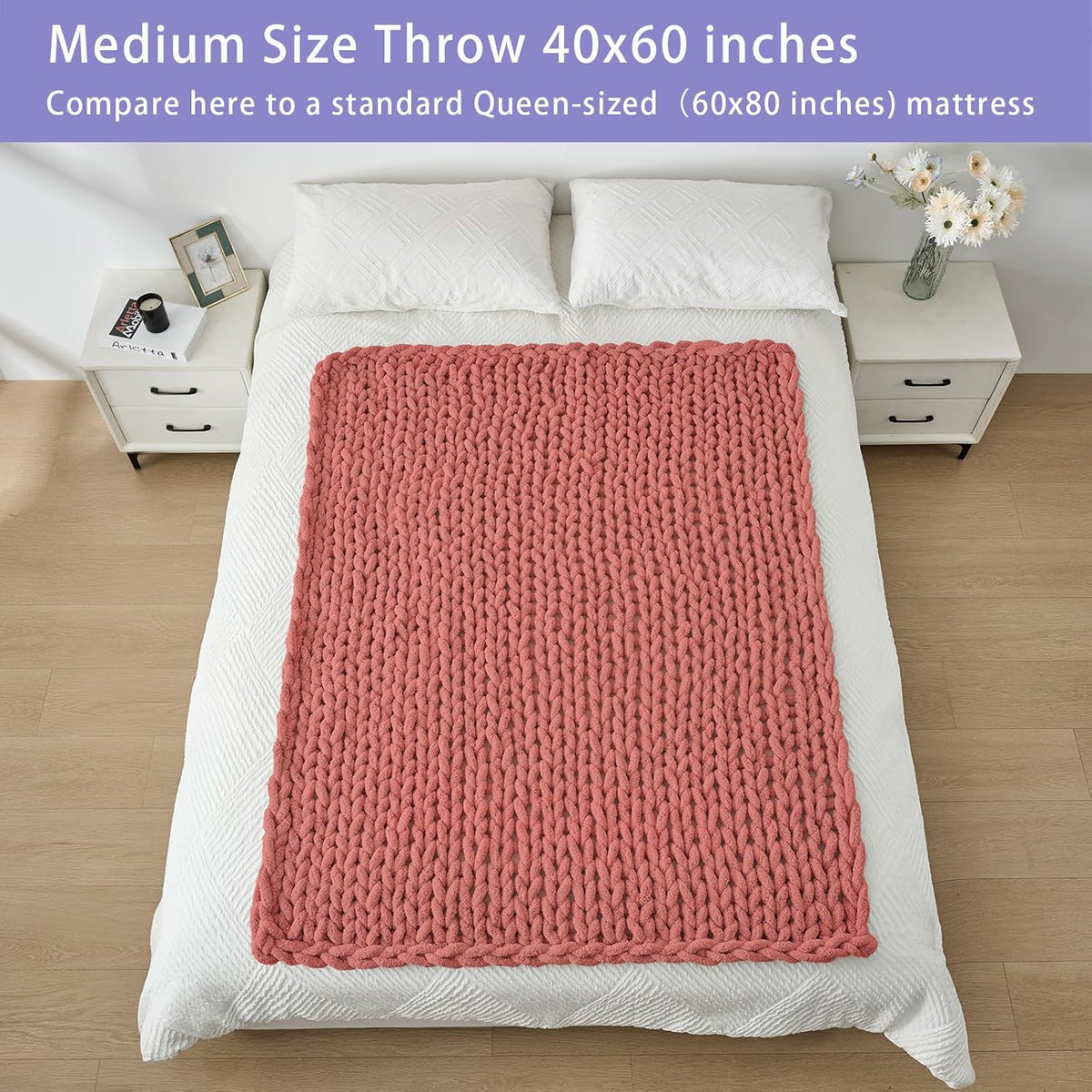 Bigacogo Chunky Knit Throw Blanket for Couch, 40x60 inches, 100% Hand Knitted with Thick Jumbo
