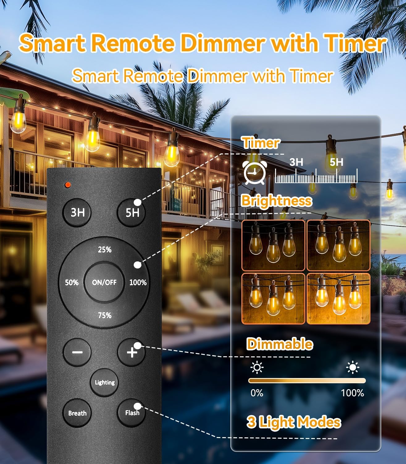 Outdoor-String-Lights-Patio-LED-Light-Outside 50Ft 15M Waterproof Remote Dimmable S14 LED Porch