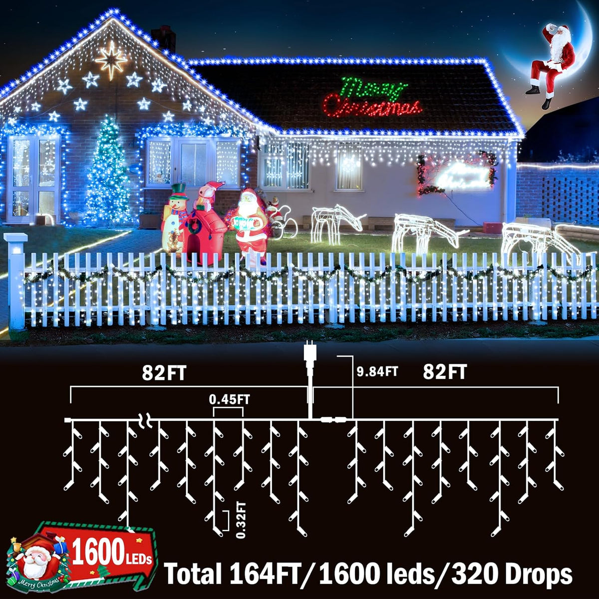 KNONEW 164FT 1600 LED Christmas Lights Outdoor Decoration White Timer 8Modes Hanging Fairy String