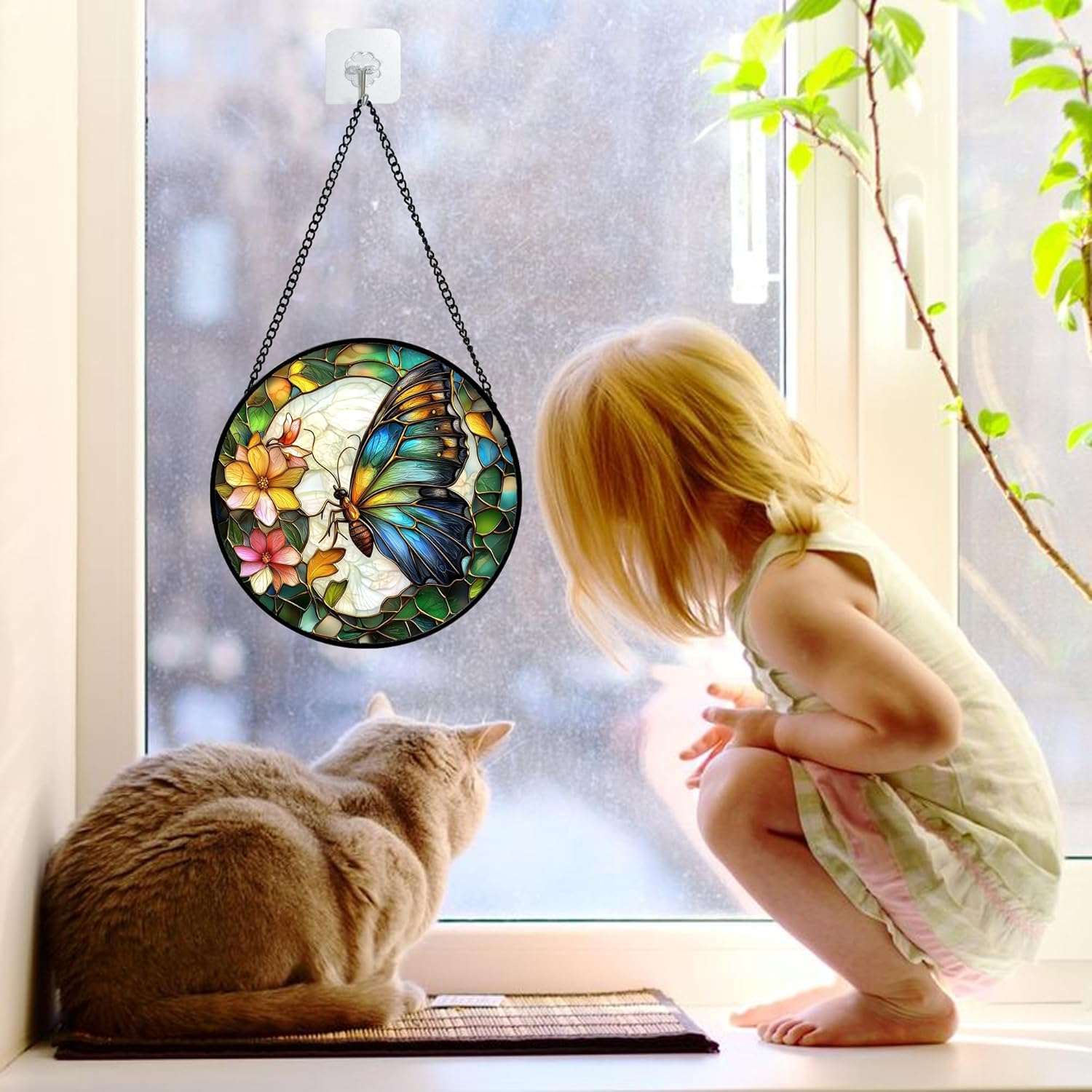 Stained Glass Window Hanging, Butterfly Flower Sun Catchers Diamond Glass Panel Hangings Insect