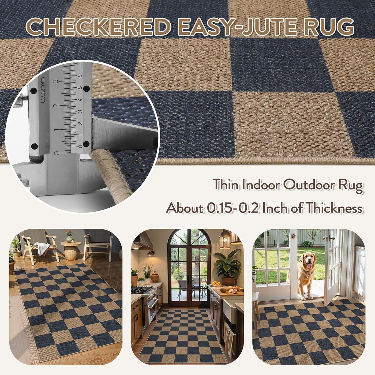 Lahome Checkered Easy Jute Indoor Outdoor Carpet, 3x5 Washable Rugs for Entryway Living Room
