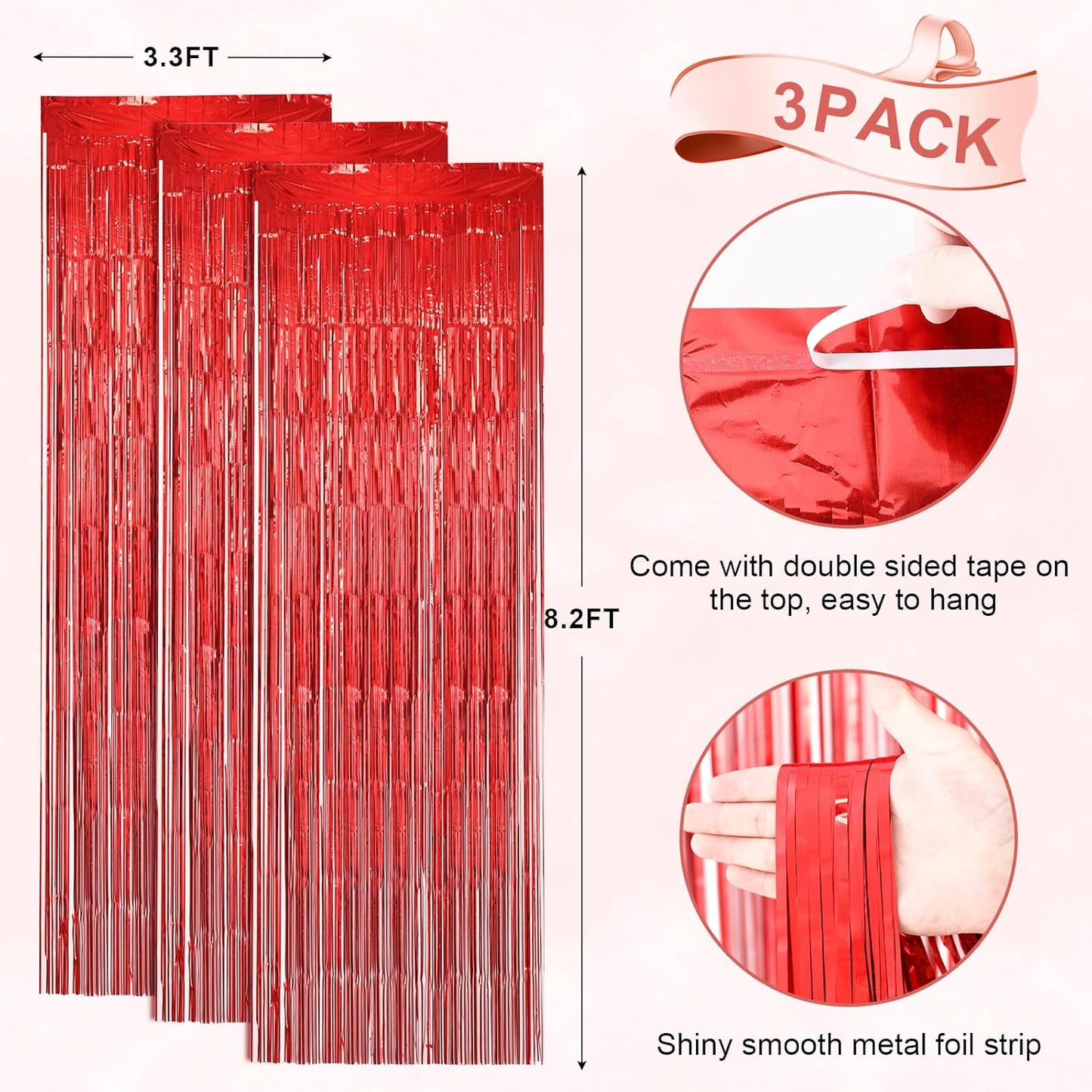 3 Pack 3.3 x 8.2 ft Laser Red Foil Fringe Backdrop Curtains, Tinsel Streamers Birthday Party