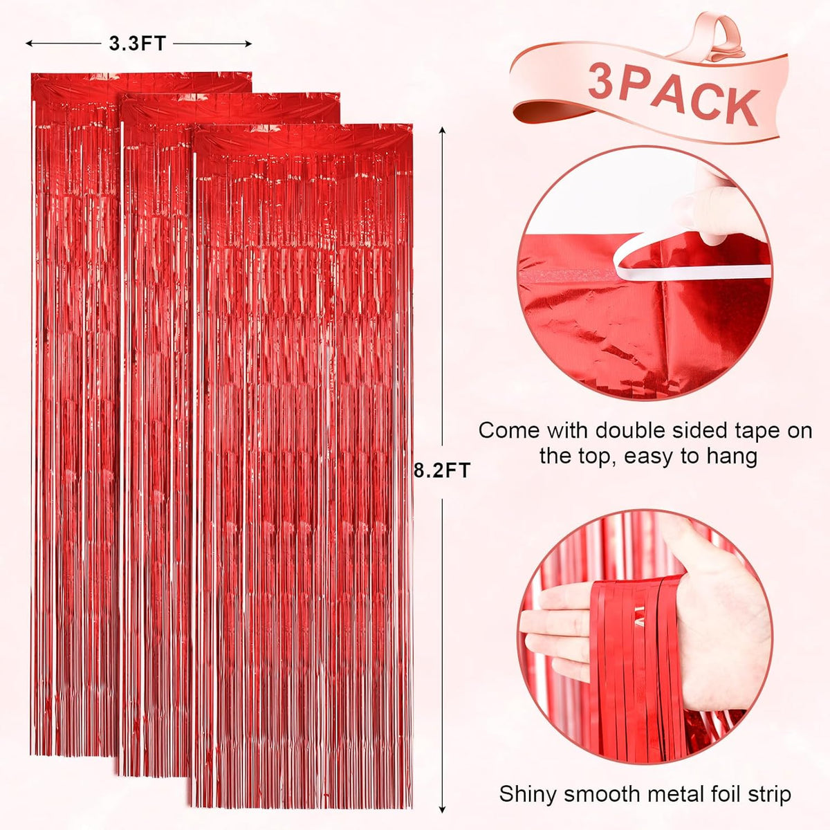 3 Pack 3.3 x 8.2 ft Laser Red Foil Fringe Backdrop Curtains, Tinsel Streamers Birthday Party
