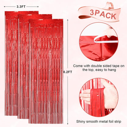 3 Pack 3.3 x 8.2 ft Laser Red Foil Fringe Backdrop Curtains, Tinsel Streamers Birthday Party