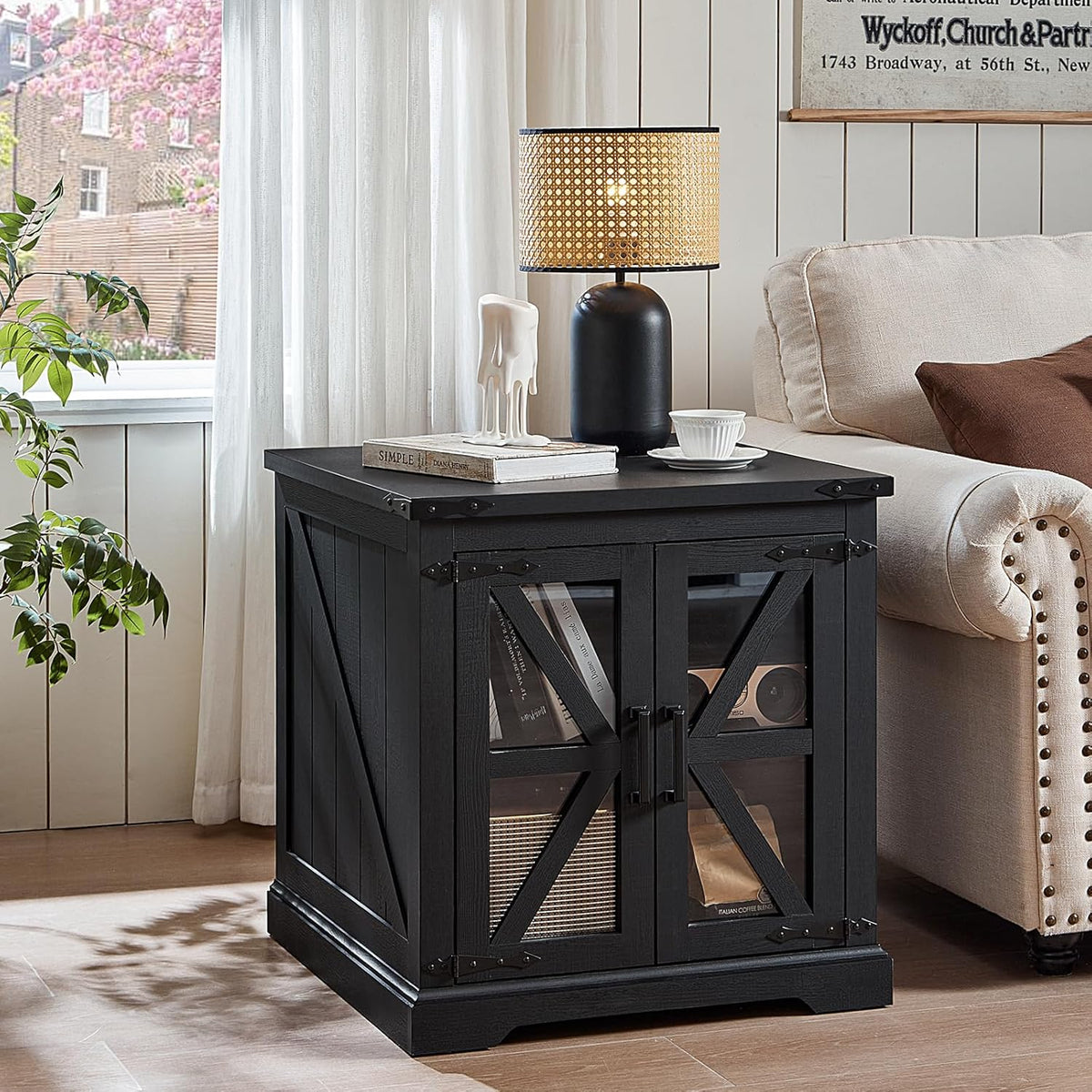 24" End Table Set of 2 with Charging Station, Farmhouse Night Stand with Glass Barn Door