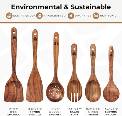 Wooden Spoons for Cooking – Wooden Kitchen Utensils Set, 6 Pcs Teak Wood Utensil Set – Comfortable