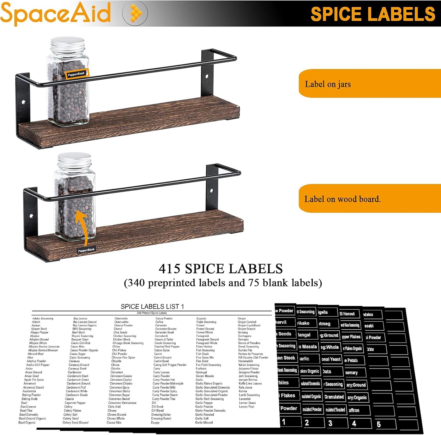 SpaceAid Spice Rack Organizer for Cabinet Door or Wall Mount (4 Pack) with 415 Spice Labels - Wood