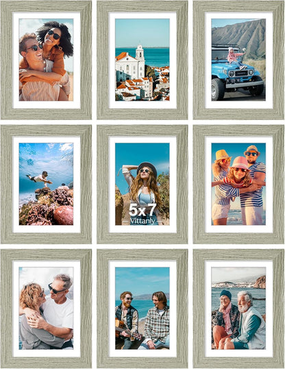 Vittanly 5x7 Picture Frames Set of 9, Shatter Resistant Plexiglass, Display 4x6 Pictures with Mat